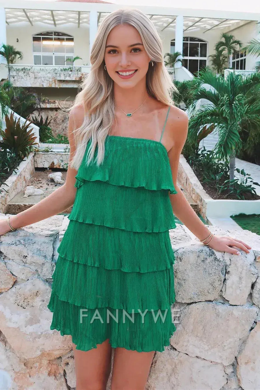 FannyWe Simple Green Spaghetti Strap Ruffle Tiered Pleated Party Dress formal wear dresses